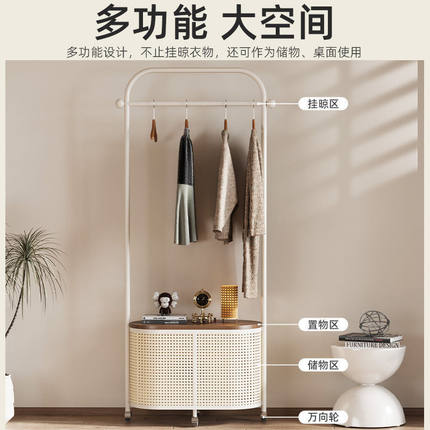 YT衣帽架落地卧室日式移动仿藤编复古客厅转角脏衣篓轻奢收纳挂衣
