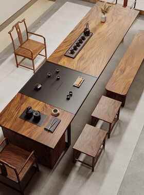 南胡美黑桃木茶桌中式豪新TSX华实木茶台一整套胡桃木意式轻奢茶