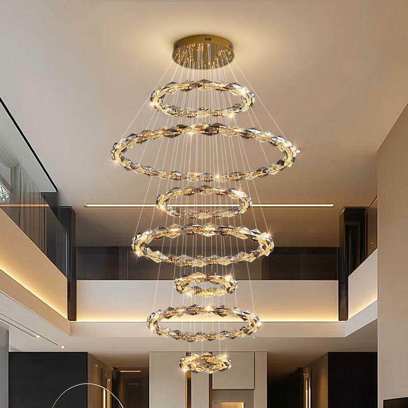 复式客厅轻奢水晶大吊灯后现代简约别墅挑高楼中楼旋转楼梯长吊灯