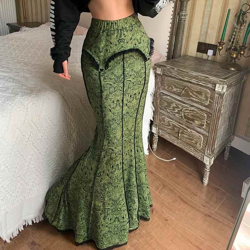 slim green skirt splicing A-line high fishtail hip skirt