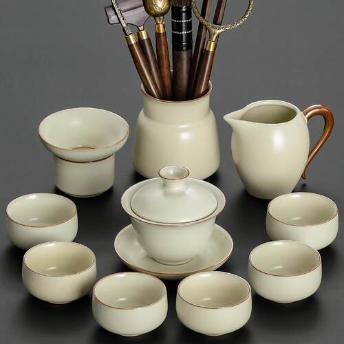 正品汝功窑夫茶具套家用0224装新款喝茶办公室会客陶瓷茶壶茶杯子