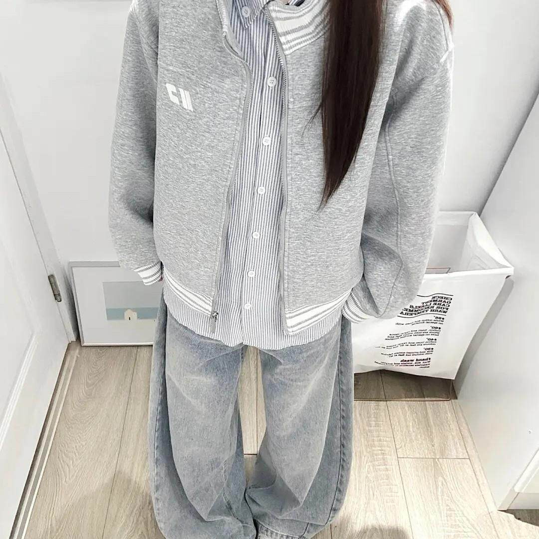 美式拼色立领刺绣运动夹克外套女春秋新款棒球服韩系灰色开衫卫衣