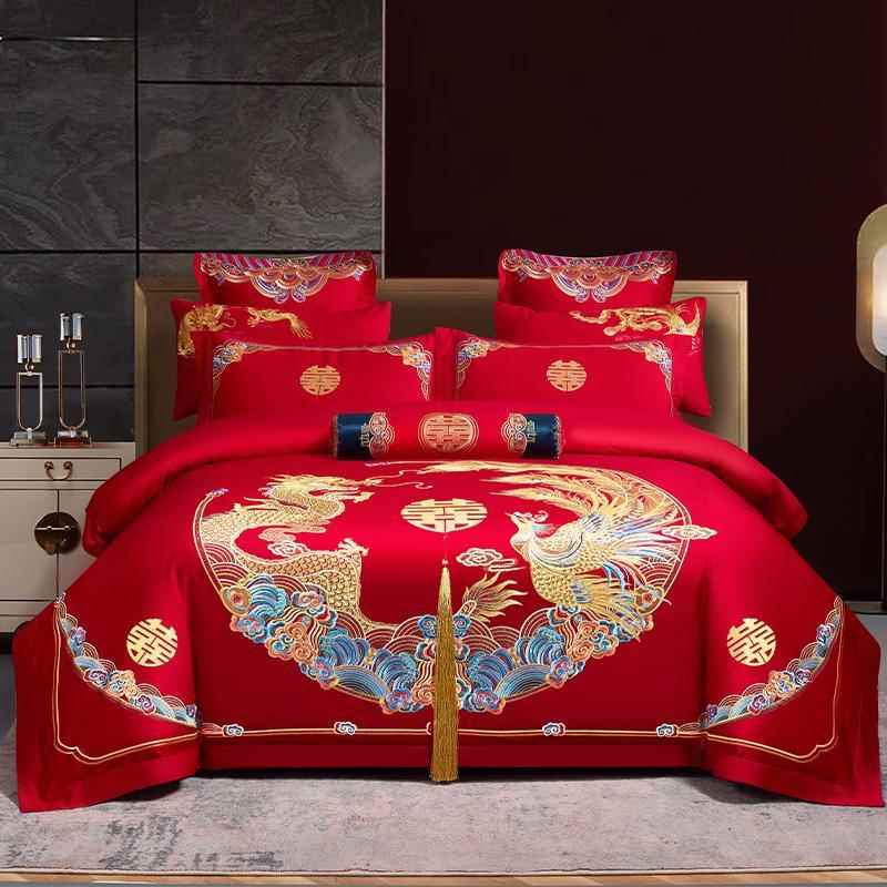 100支长绒棉婚庆四件套结婚全棉纯棉刺绣被套大红8件套床上用品件