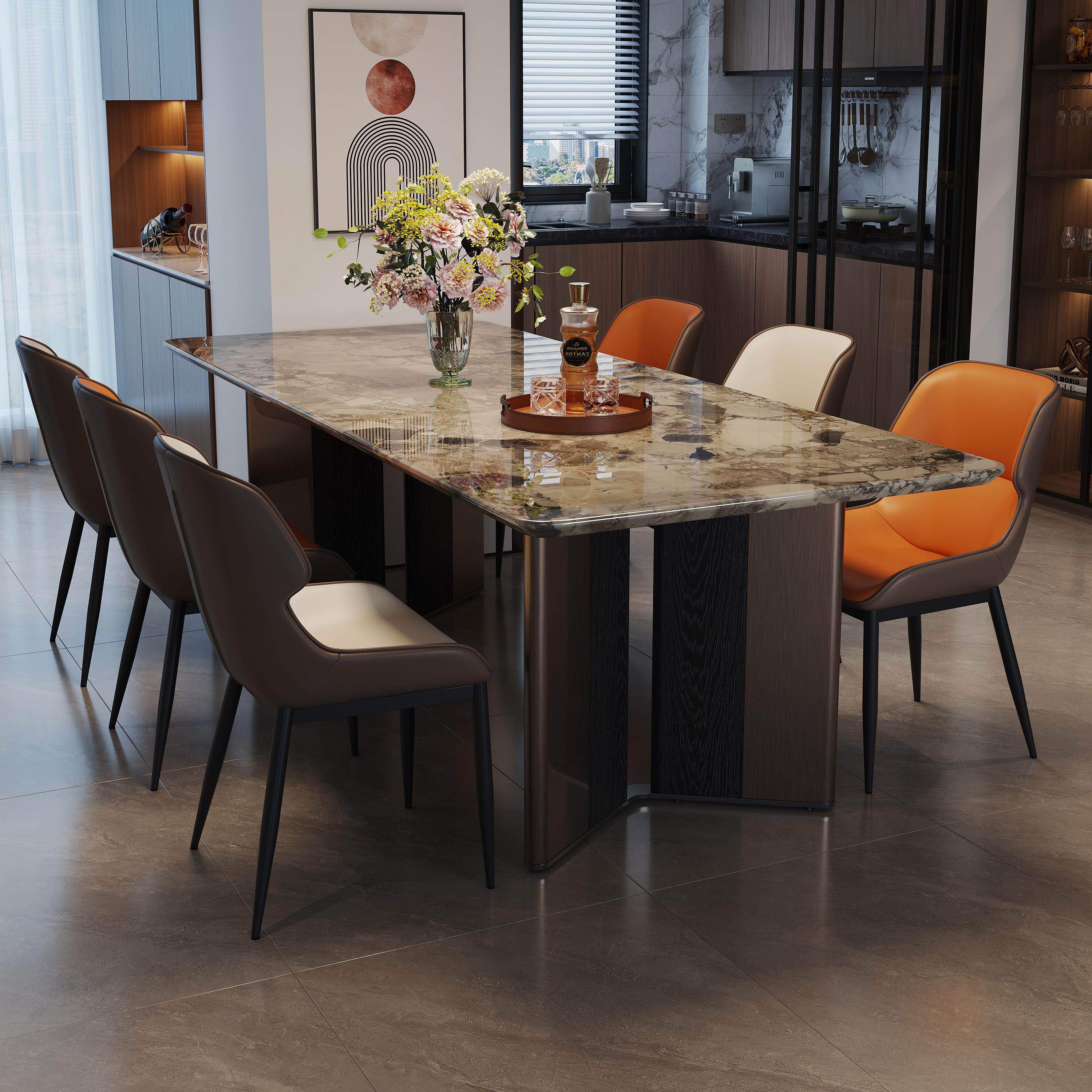 意式轻奢高级感大理石餐桌现代简约长方形家用餐桌椅组合小户型