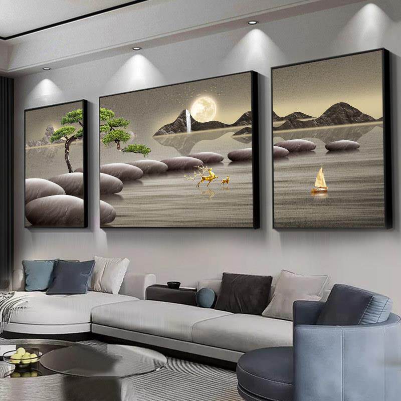 时来运转客厅装饰画沙发背景墙挂画轻奢山水画三联画大白墙壁画