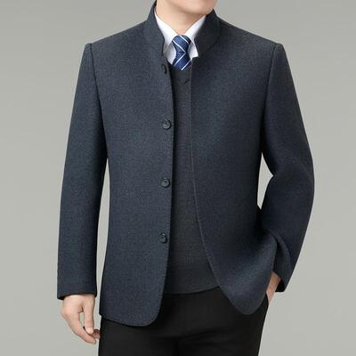 士年8315-J男羊毛呢子外套双面呢中山装中立领爸爸上衣扣款子外套