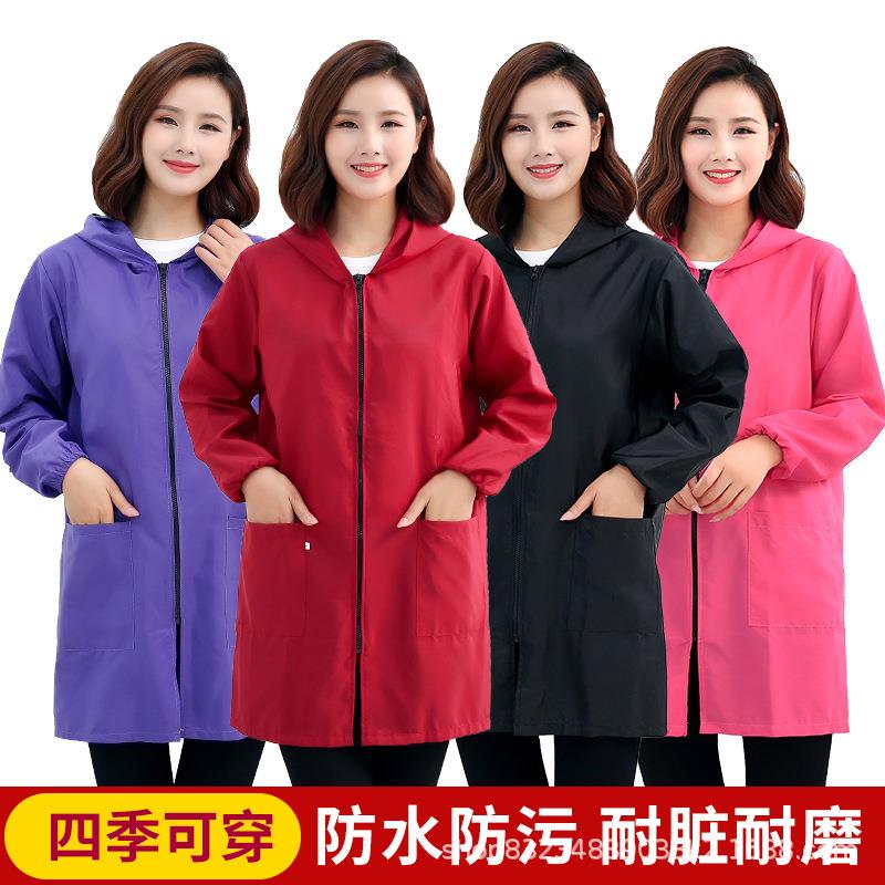 防水防油长袖女围裙罩衣大人家用厨房时尚做饭纯色外套工作服新款