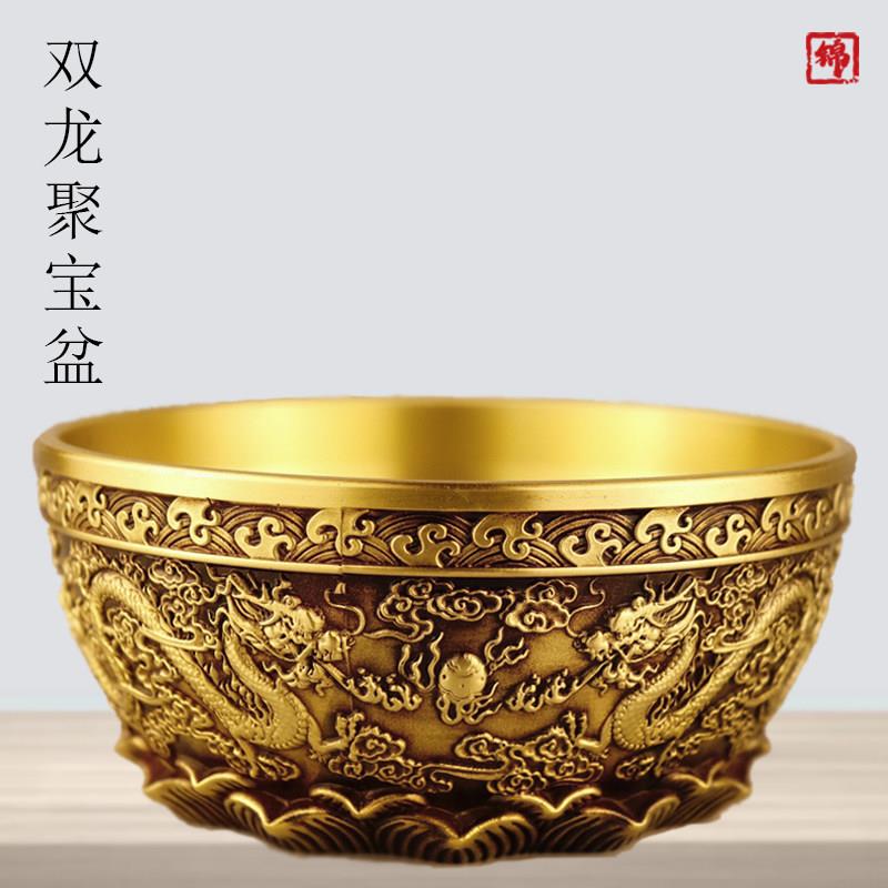 纯铜双龙聚宝盆摆件黄铜客厅装饰实心聚财莲花铜盆双龙戏珠存钱罐