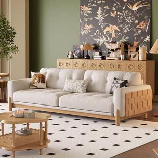 北欧全实木沙发客厅小户型复古直排沙发法式中古风布艺奶油风沙发