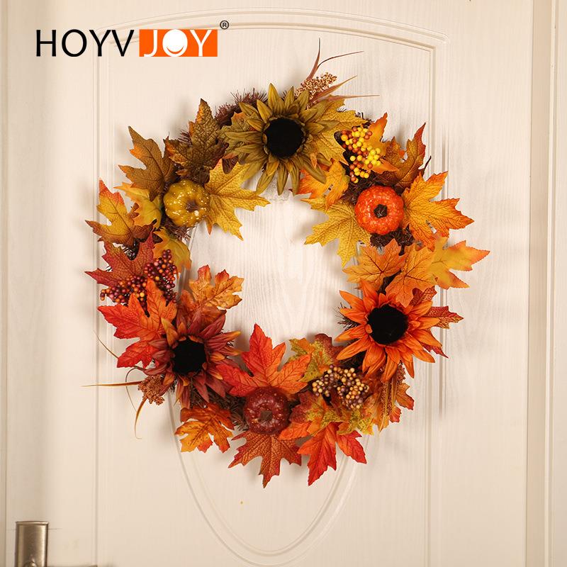 鸿禹 感恩节秋色装饰花环 仿真三色向日葵枫叶花圈门挂 家居饰品