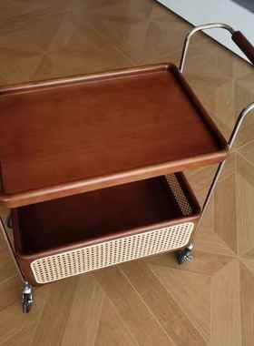 中古小推车圆角实木移动带HPQ茶边轮几不锈钢收纳客储物藤编简厅