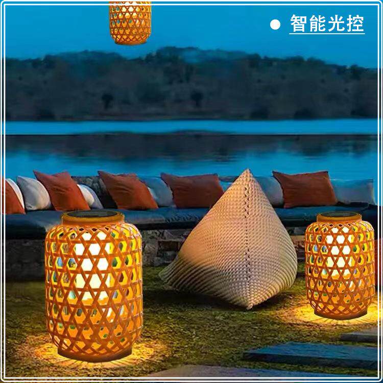太阳能仿竹编灯笼户外院子装饰灯过年庭院编制太阳能灯led灯图片