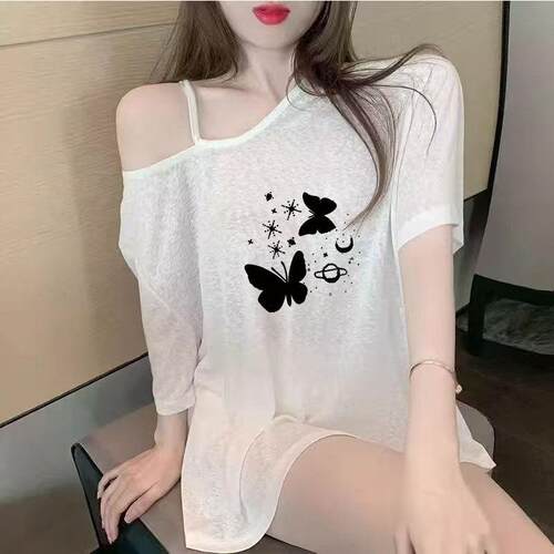 露肩t恤白色夏季薄款女宽松上衣微透罩衫防晒中袖爵士舞上衣0727k