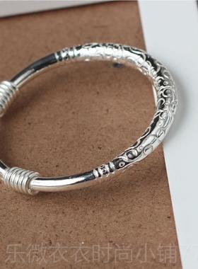 新款花蔓纯银手999定足银推手工镯圈银镯古典民族镯风 木易银饰创