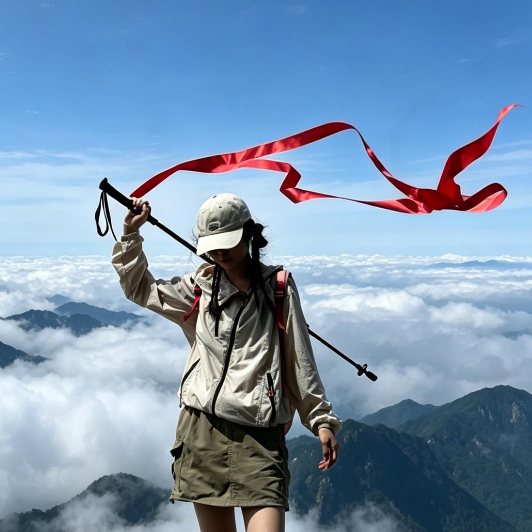 氛围感的神!登山杖红丝带红飘带登山杖户外爬山徒步旅游拍照道具