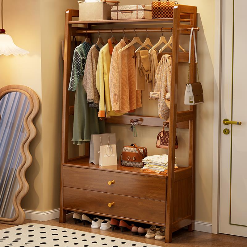 实木挂衣架落地式衣帽架置物架一体多功能家用卧室玄关入户带抽屉