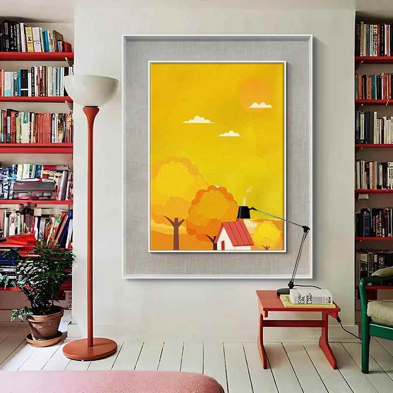 唯美黄色秋天风景肌理手绘油画客厅玄关房屋大树挂画儿童房装饰画图片