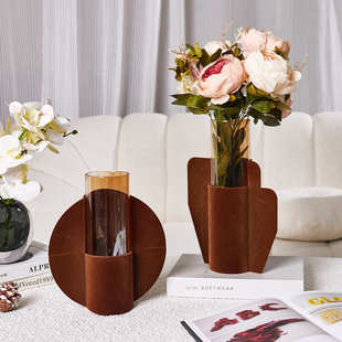 新中式 金属植绒驼色花器花瓶客厅餐桌卧室茶几饰品样板间吧台摆件