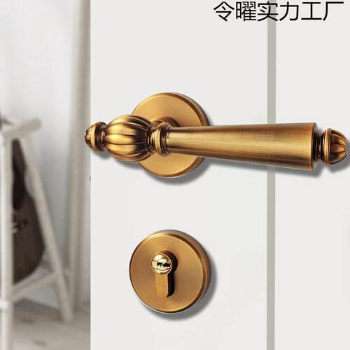 法式黄古铜门锁房间门锁具木门把手美式复古分体锁静音磁吸房门锁