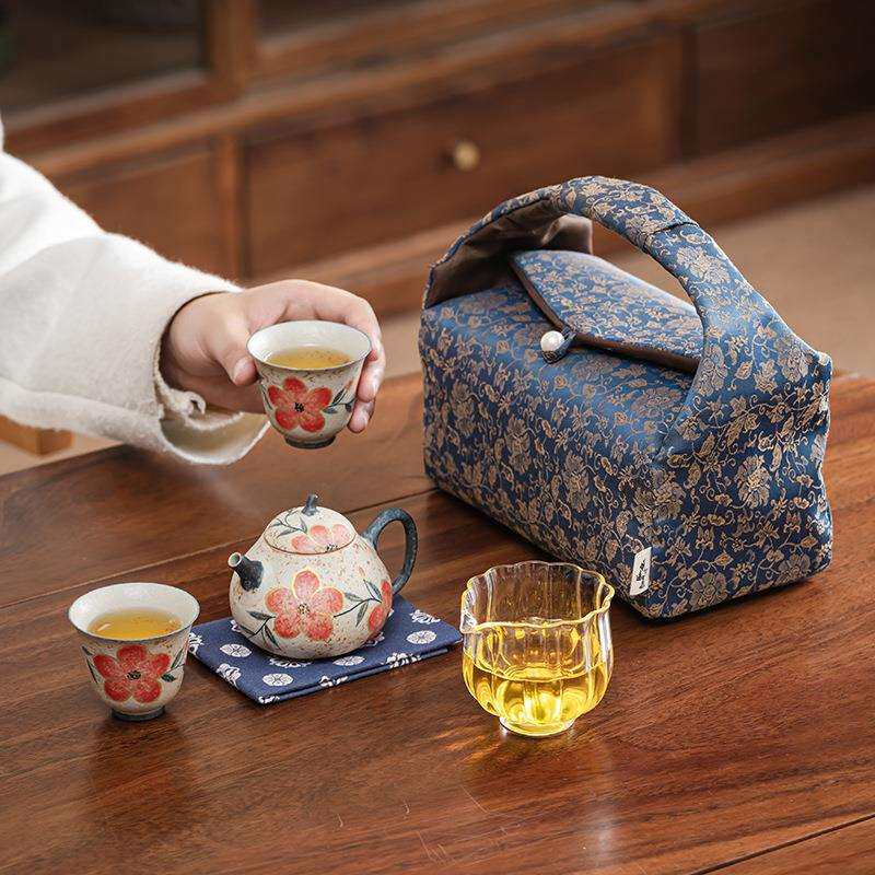 焦糖手绘桃花旅行茶具套装新中式釉上彩收纳一壶两杯便携套装茶具