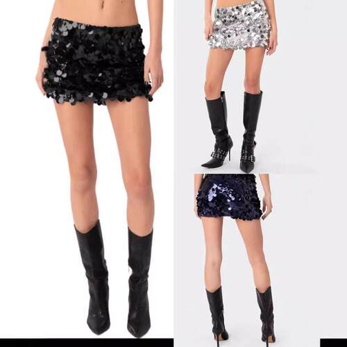 Womens Sequin Mini Skirt Fashionable High-Waisted Sexy Solid