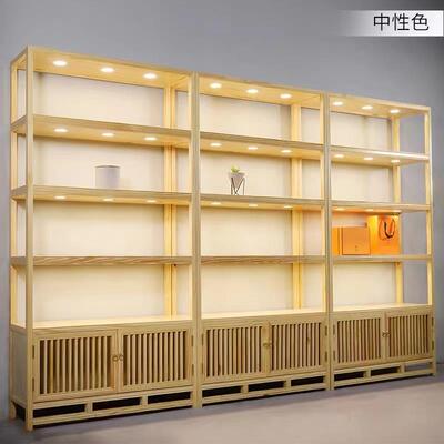 博古架实木新中式茶叶店收纳柜酒柜展示柜多宝阁带灯农产品展示架