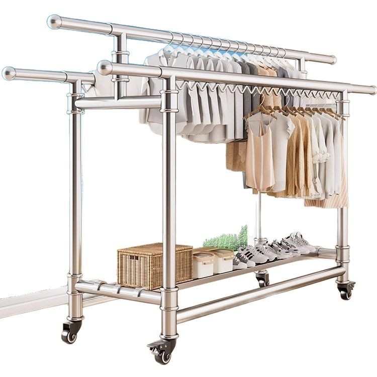 304不锈钢落地晾衣架家用室内外阳台折叠移动伸缩杆晒衣服凉衣架
