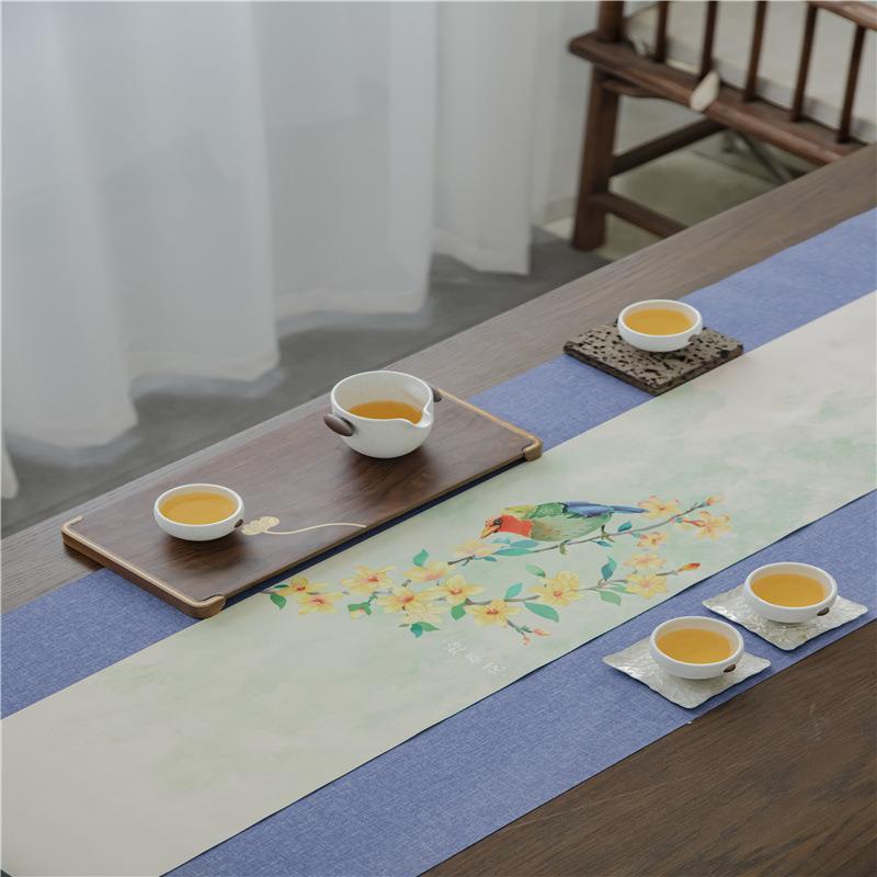 亚麻防水茶席鹿皮绒桌旗彩绘禅意茶桌布中式棉麻布茶旗防滑茶布垫