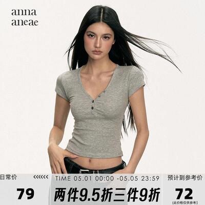 anna aneae V领亨利领窄肩短袖T恤女夏季纽扣短款辣妹修身上衣潮