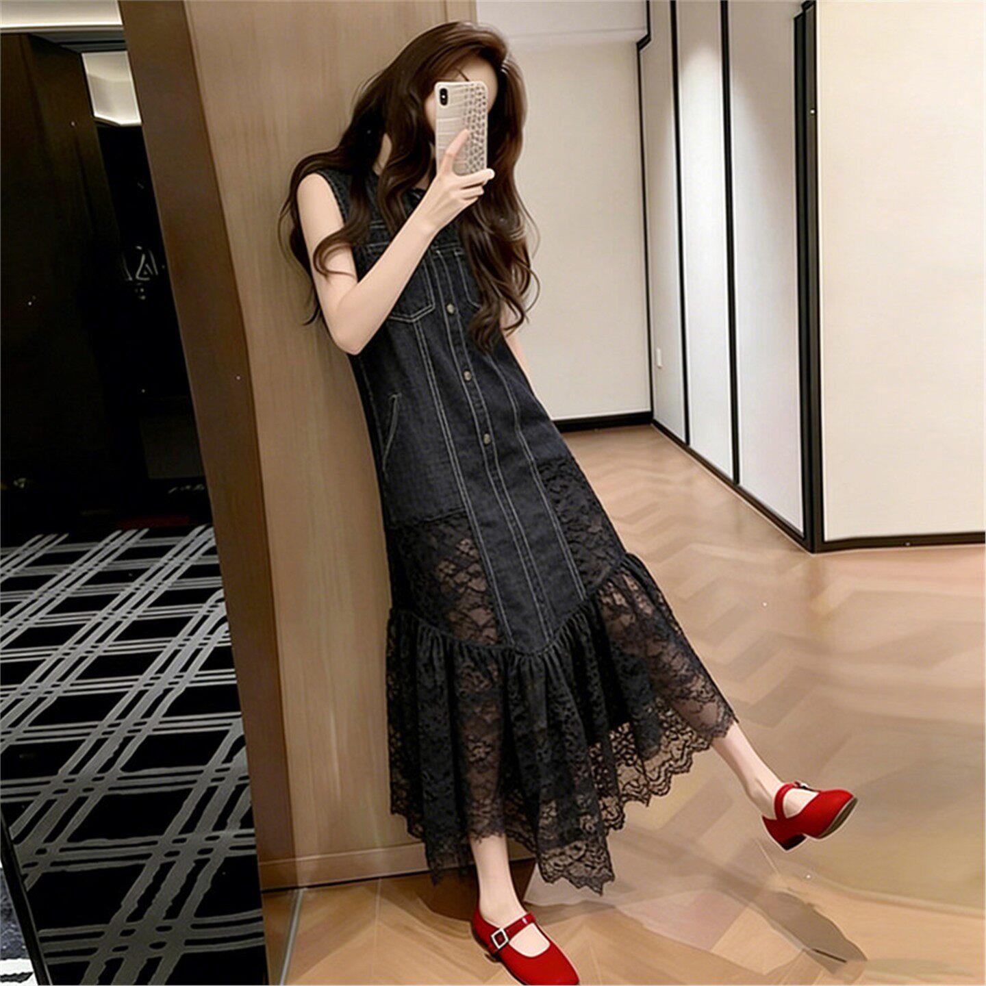 潮牌牛仔蕾丝拼接连衣裙女春季新款时尚韩系高级感气质无袖长裙子