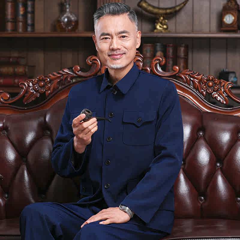 中山装套装男老款中山服中老年爷爷装春秋冬季老人衣服爸爸装加绒