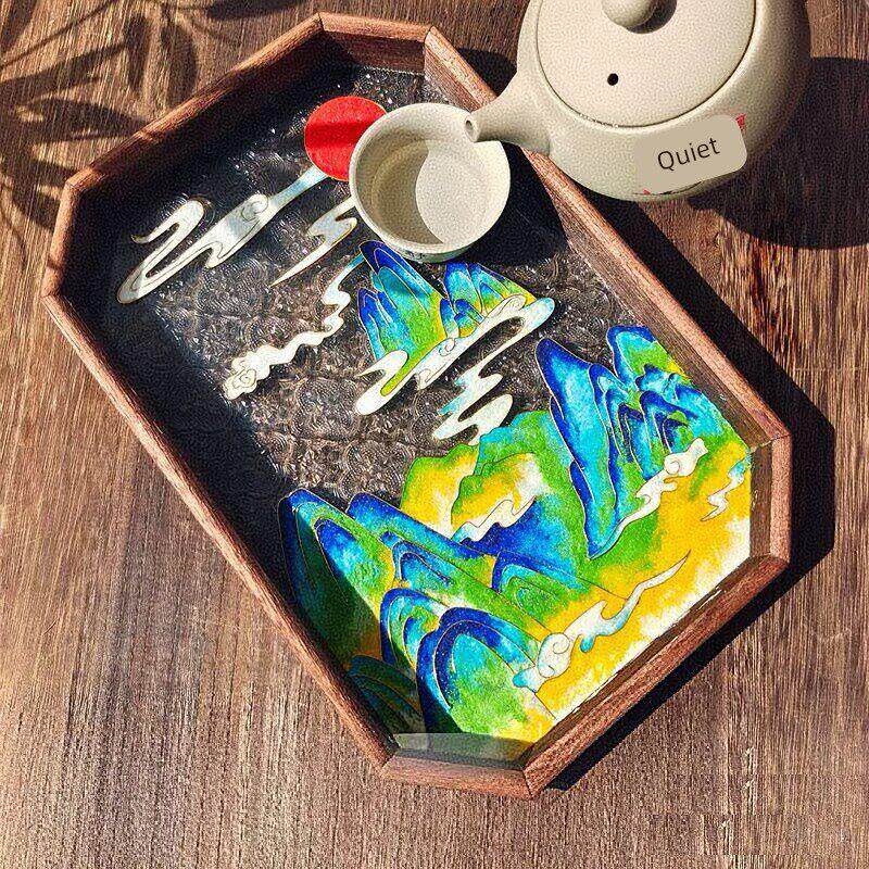 景泰蓝釉料上色底板掐丝画diy材料包玻璃木质托盘新中式茶盘摆件