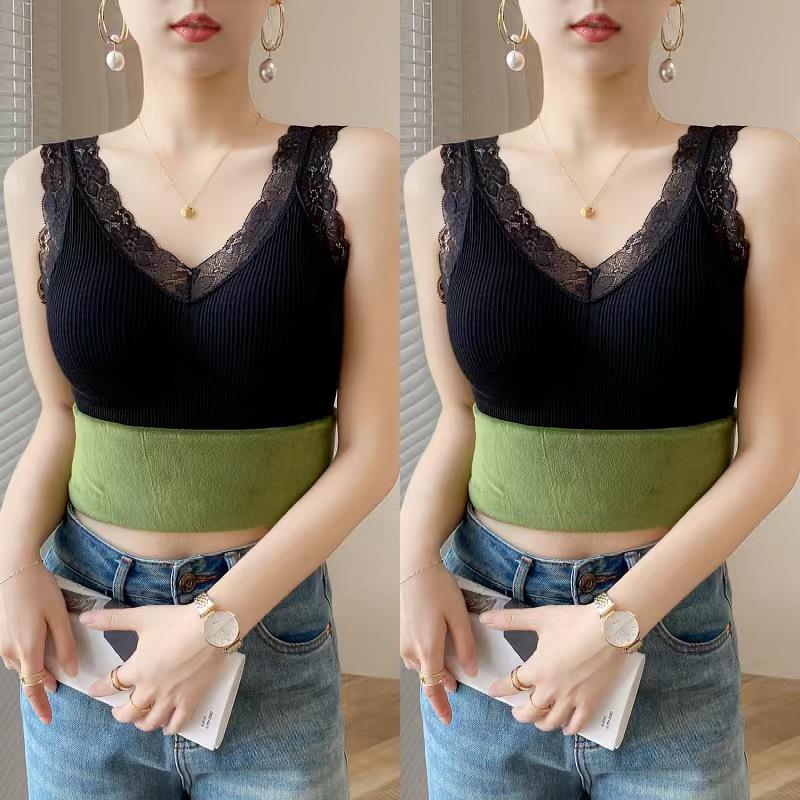 秋冬2025新款保暖背心女加绒加厚蕾丝吊带内搭打底衫带胸垫1204z