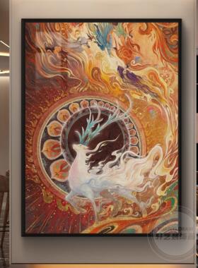 九色鹿装饰画敦煌飞天玄关福鹿国风挂画客厅餐厅中式油画古风壁画