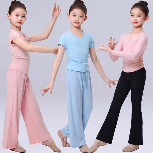 儿童舞蹈服女童芭蕾舞分体V领长短袖上衣中国舞喇叭裤练功服套装
