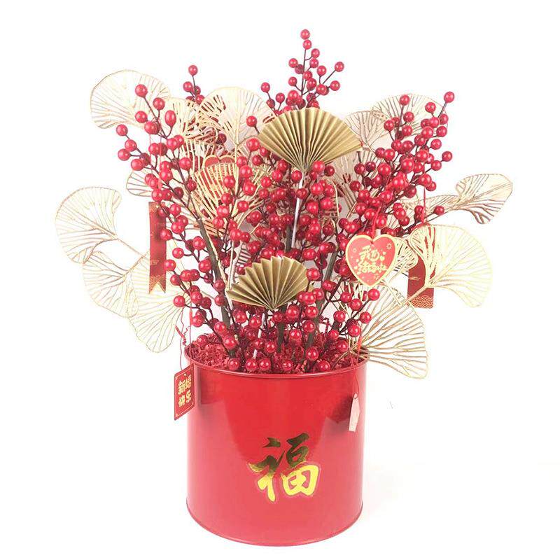 福桶装饰仿真红浆果发财果仿真花红色年宵花吉祥扇迷雾福桶抱抱桶