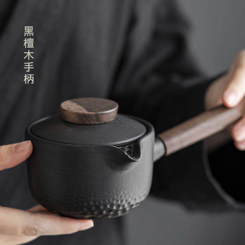 新品黑陶侧把茶壶黑檀木手柄简约现代家用过滤单壶陶瓷功夫茶具泡