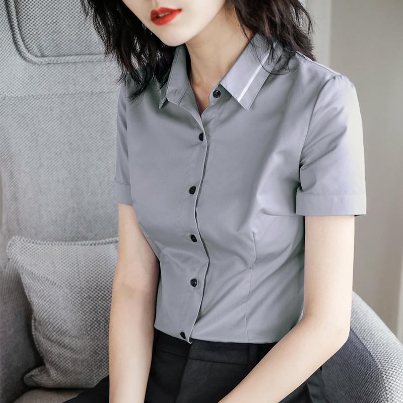 职业装蓝色衬衫女士上衣夏季面试气质寸衫短袖灰色衬衣正装工作服