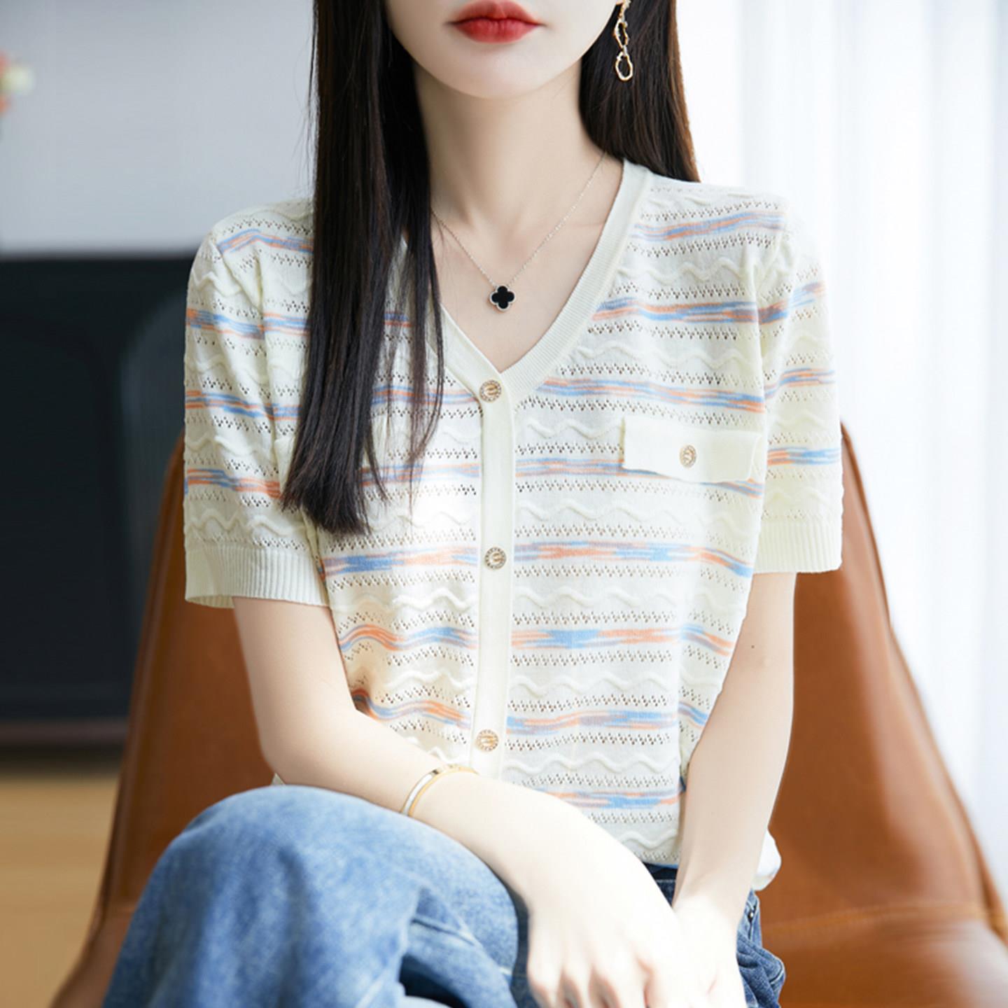 2026新款V领条纹针织短袖t恤女夏季薄款冰丝针织衫大码女装上衣