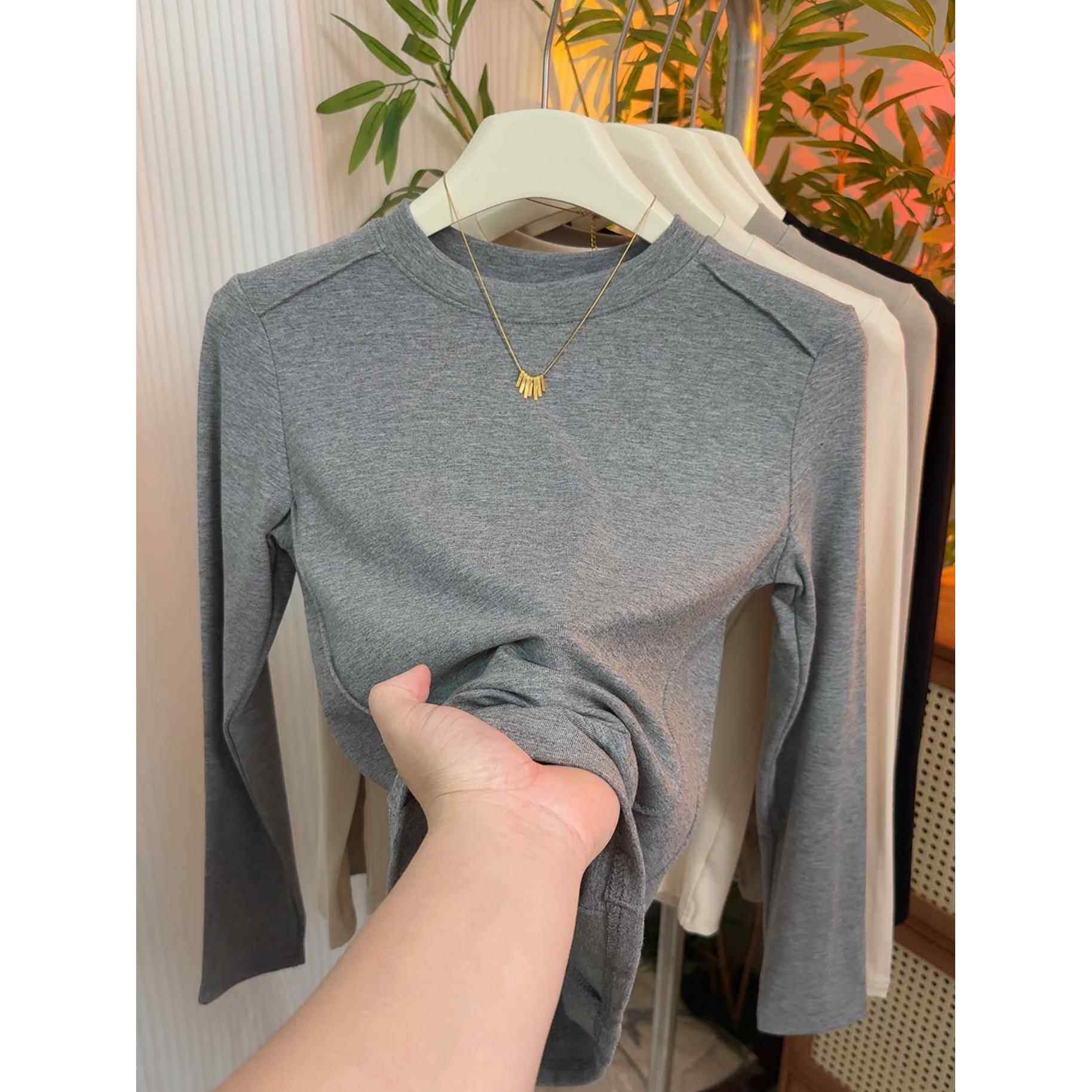 灰色女式长袖t恤2026春秋季新款独别致的鱼骨顶圆领修身底衬0118w,女装/女士精品,T恤,淘宝优惠券,粉丝福利购,淘宝优惠卷