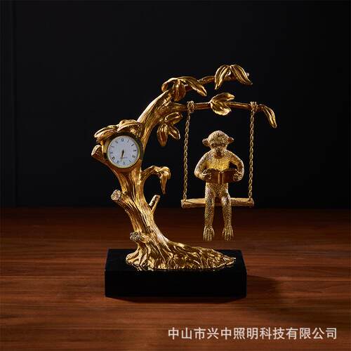 法式全铜熊动物背小框座钟装饰摆件复古客厅玄关书桌工艺品