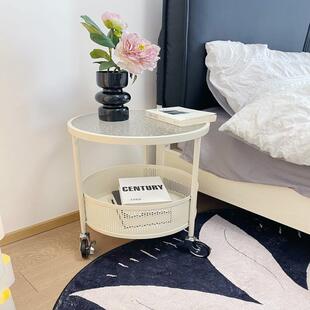 奶油移风推动小茶几小车小户玻型家用00沙发边几客厅璃圆形网红圆