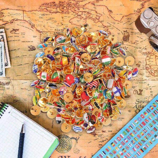 200个图钉旗帜图钉木制国家地图拇指