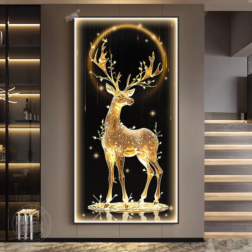 入户玄关装饰画金鹿led发光灯画现代轻奢福鹿客厅走廊过道墙壁画图片