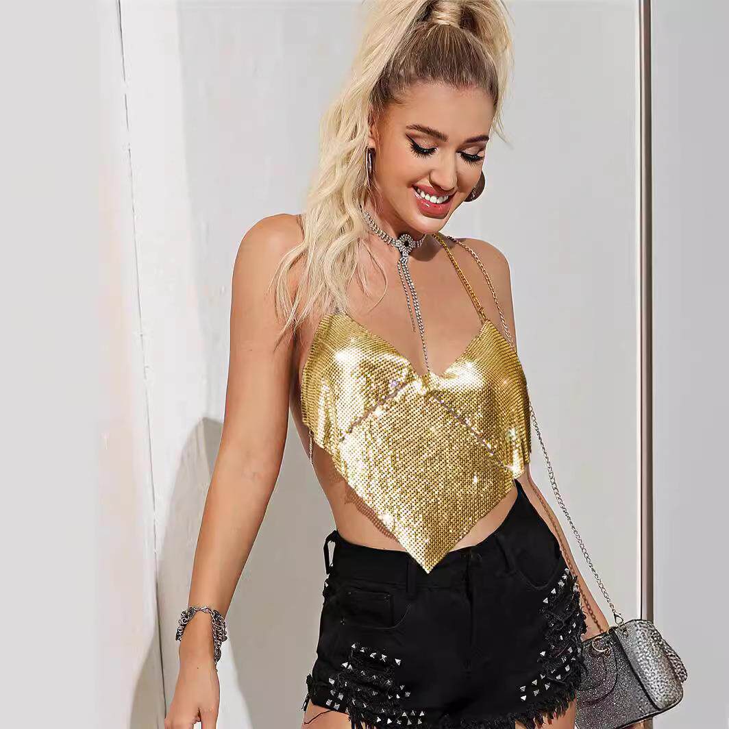 Strap vest, electronic syllable vest, metal sequin top,
