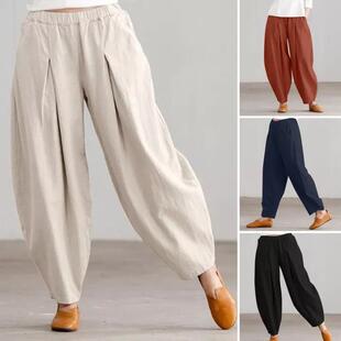 Women's Cotton and Hemp Haren Wide Leg Pants with Elastic