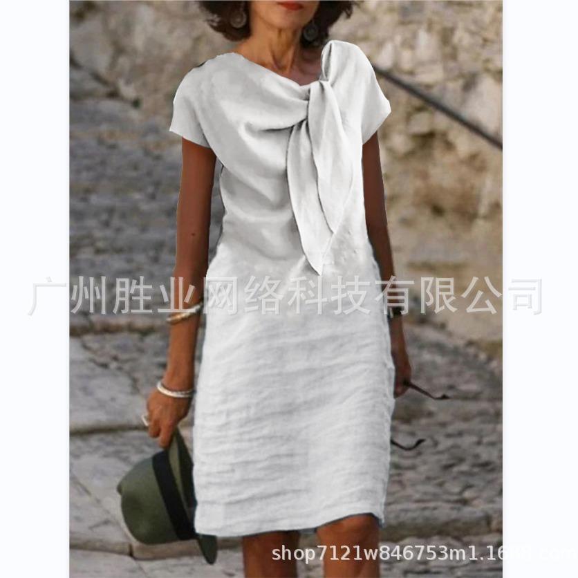 color and sleeve round neck short cotton dress tie Womens