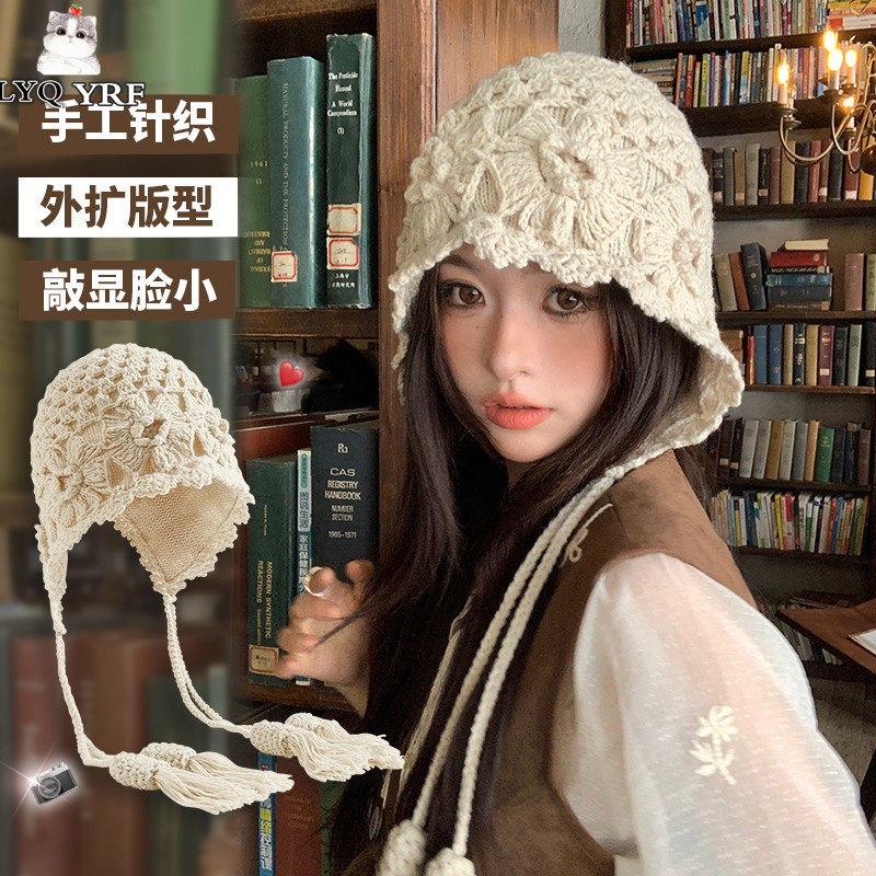 LYQ YRF针织帽子女新款民族风川西旅游镂空包头帽显脸毛线套头帽