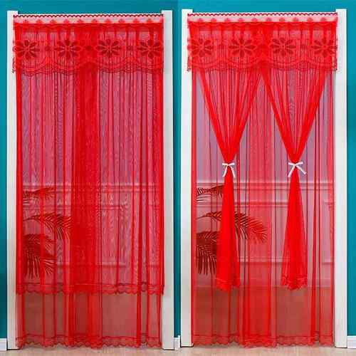 结婚 大红免打孔防蚊门帘布艺蕾丝家用隔断帘帘子装饰纱窗帘