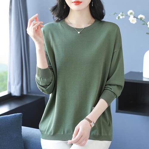 冰丝针织衫长袖t恤女春秋妈妈装大码宽松遮肚桑蚕丝纯色打底上衣